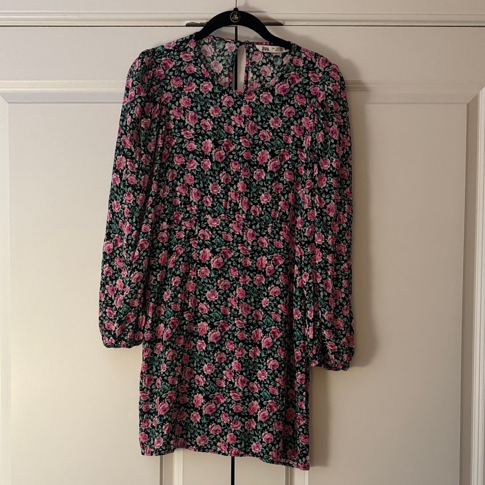 Zara Floral Long Sleeve Dress - Black, Pink, and Green
